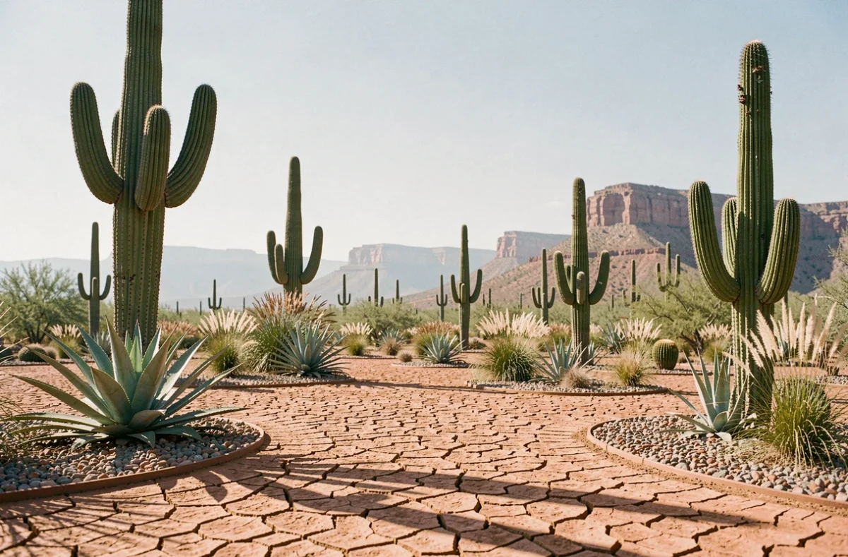 Jardin désertique naturel avec grands cactus saguaro et plantes aloe vera poussant dans un sol aride fissuré sous un ciel bleu, illustrant les plantes ne nécessitant pas d'eau