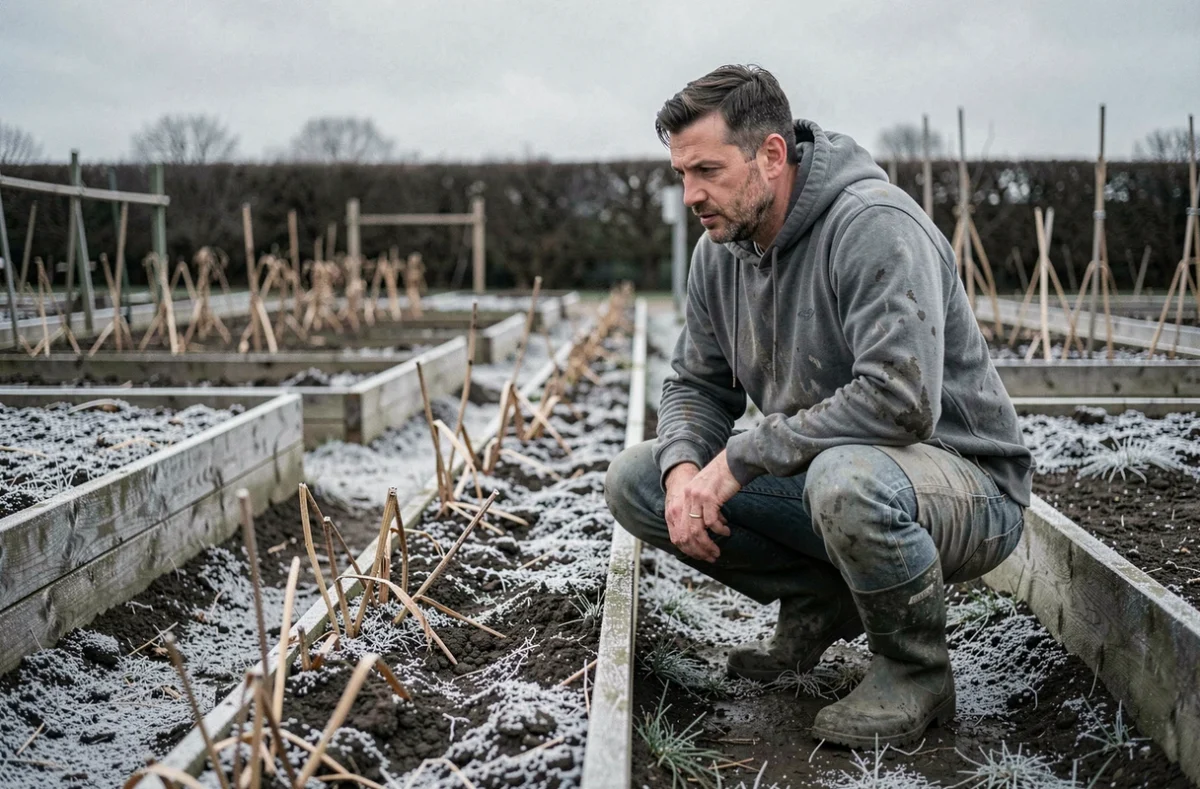 Jardinier accroupi devant des carrés potagers vides et givrés en hiver, période inadaptée à l'épandage d'engrais