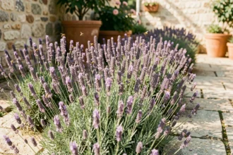 Rangée de lavande en pleine floraison le long d'une allée en pierre dans un jardin de style provençal