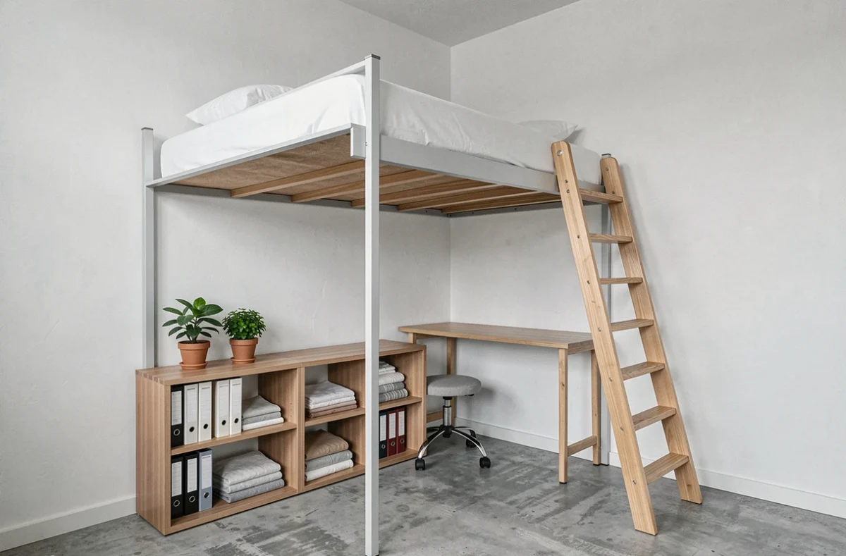 Lit mezzanine avec espace de rangement et bureau intégré en dessous dans une petite chambre