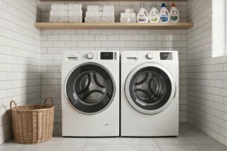 Machine à laver et sèche-linge séparés côte à côte dans une buanderie moderne carrelée