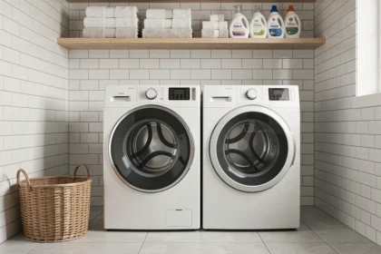 Machine à laver et sèche-linge séparés côte à côte dans une buanderie moderne carrelée