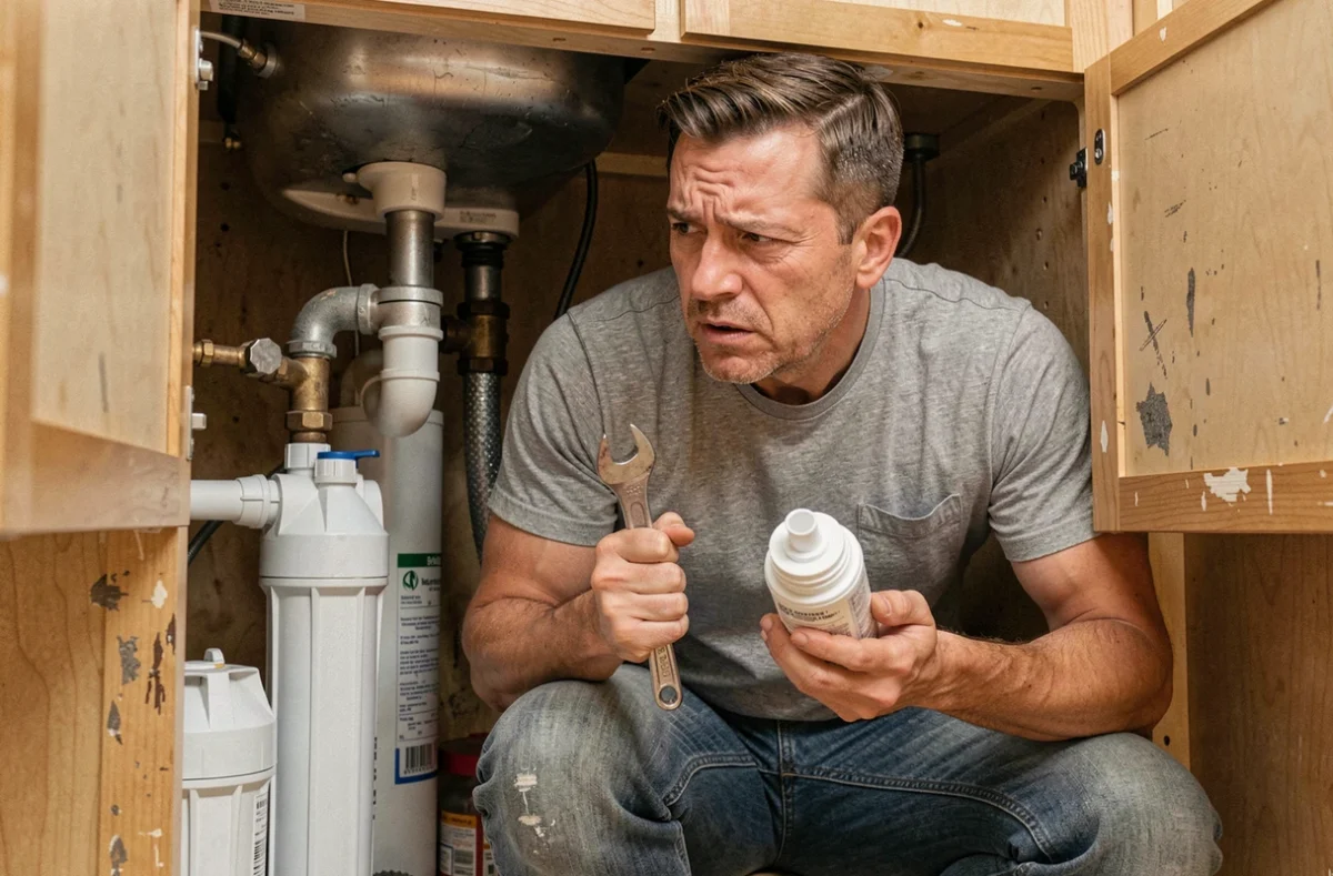 Homme effectuant la maintenance d'un filtre à osmose inverse sous l'évier, illustrant les inconvénients d'entretien du système