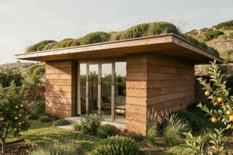 Maison bioclimatique moderne avec façade sud vitrée, toit végétalisé et mur en pisé, intégrée dans un jardin naturel