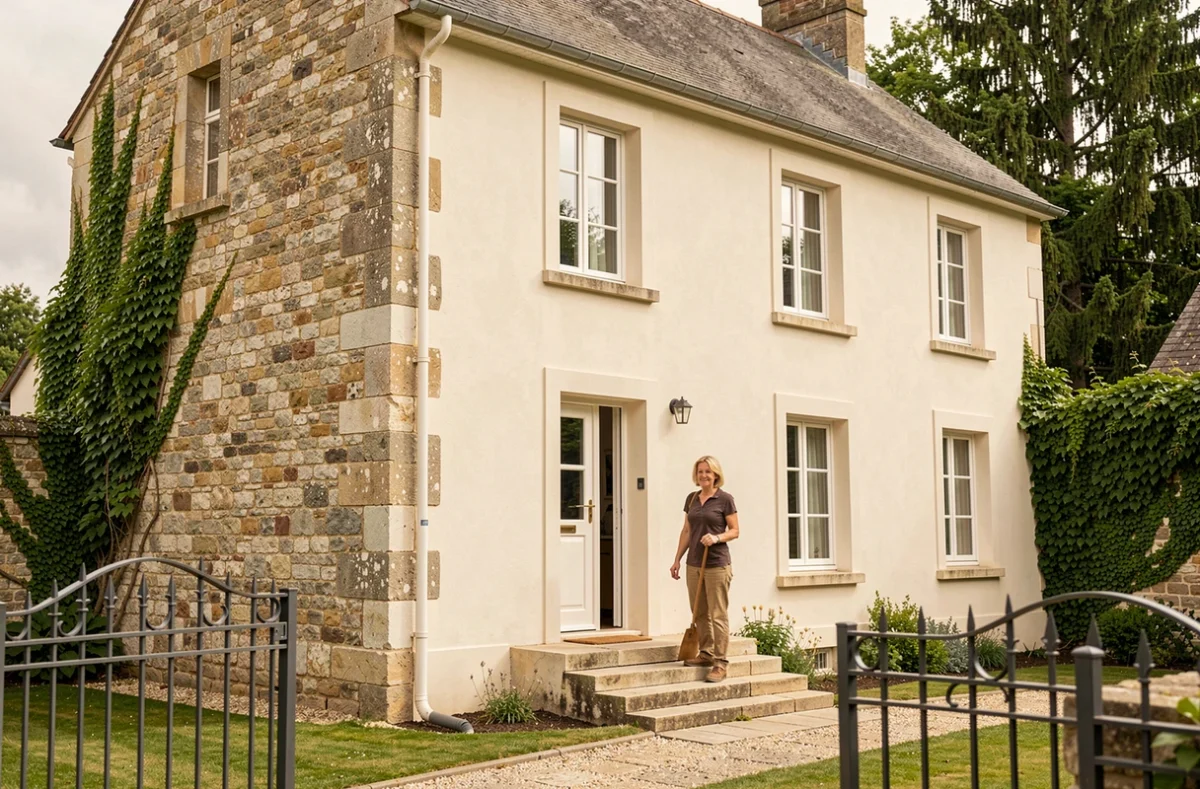 Façade d'une maison traditionnelle française après travaux de ravalement avec enduit neuf et propriétaire satisfaite