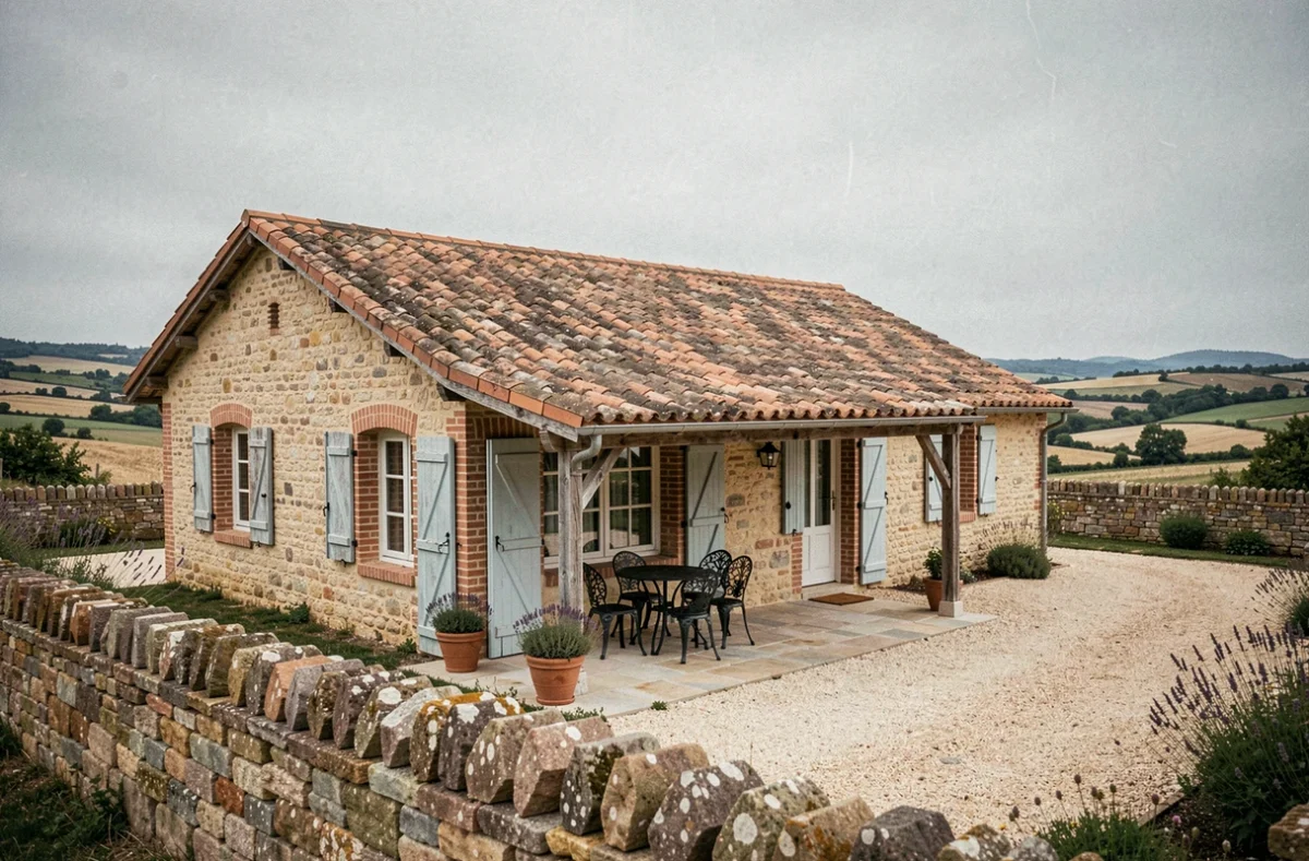 Maison de village en pierre avec terrain et volets bleus dans la campagne française pour 400 000 euros