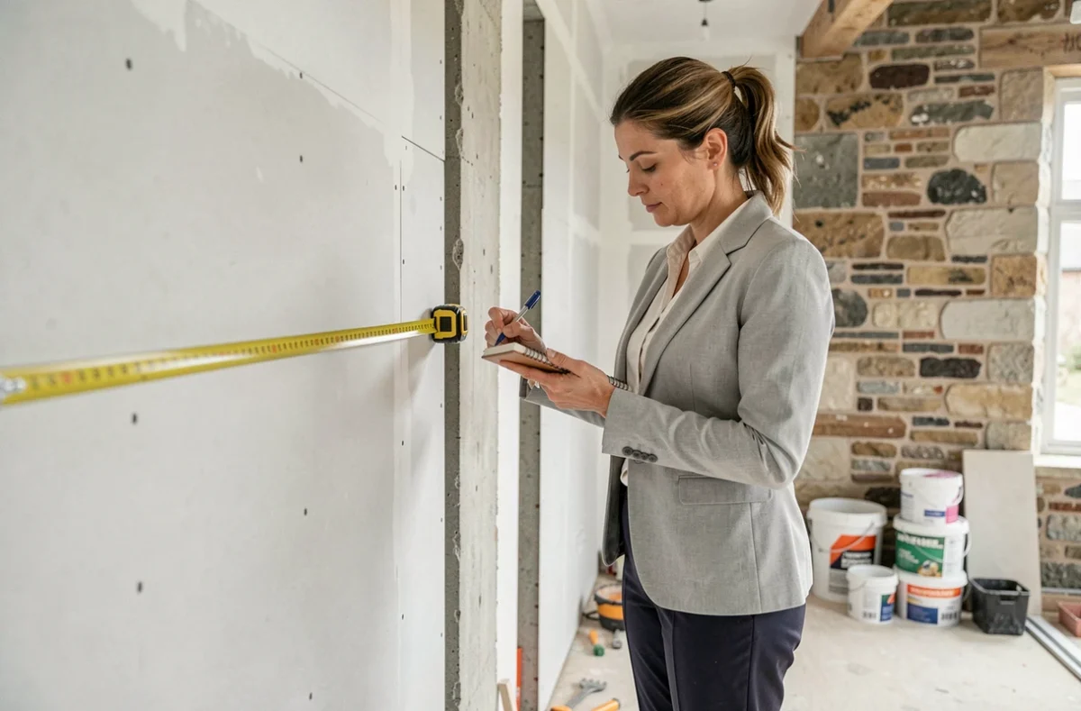 Femme mesurant les murs d'une extension intérieure de maison en cours de finition