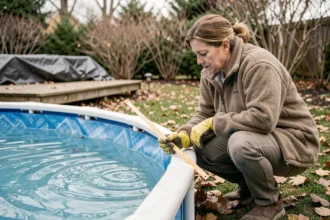 Femme mesurant le niveau d'eau d'une piscine hors-sol avant hivernage avec une règle graduée