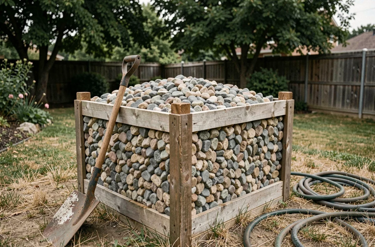 Mètre cube de gravier dans un jardin résidentiel avec cadre en bois et pelle appuyée dessus