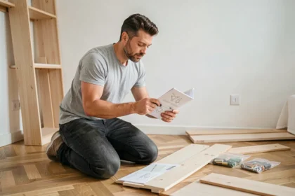 Homme assemblant une armoire en kit dans une chambre moderne, tenant une clé Allen et consultant les instructions de montage
