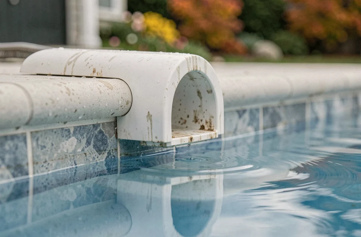 Gros plan sur le niveau d'eau d'une piscine abaissé en dessous du skimmer pour la fermeture hivernale