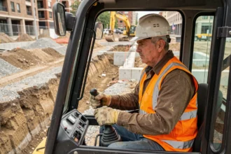 Opérateur de mini-pelle sur un chantier urbain, vue depuis l'extérieur de la cabine