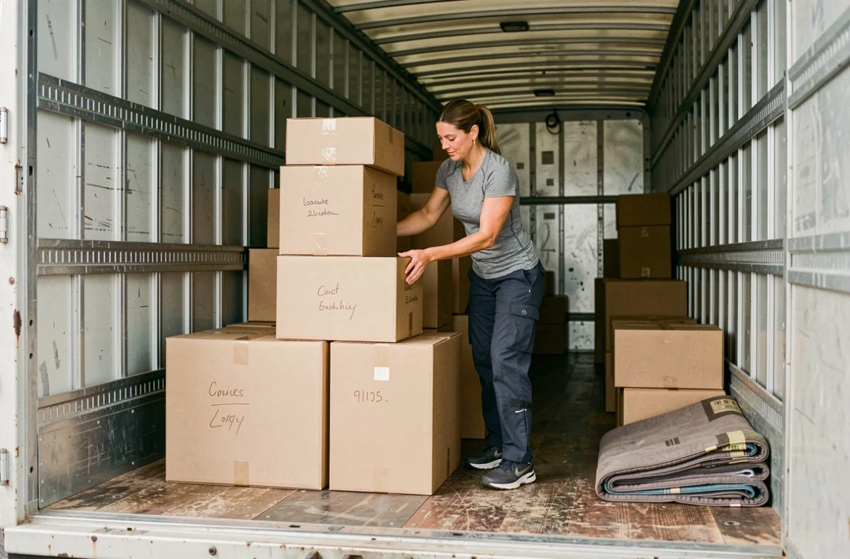 Une femme empile méthodiquement des cartons de différentes tailles à l'intérieur de la remorque d'un camion de déménagement