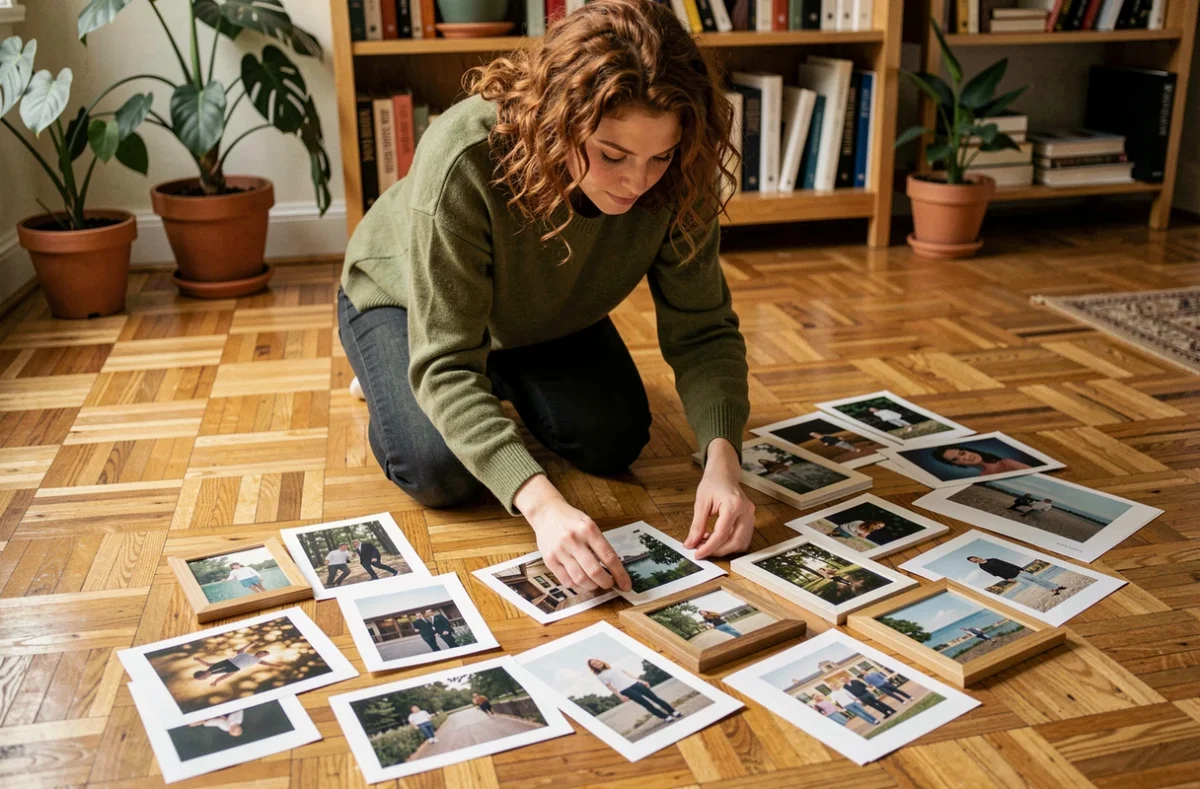 Femme organisant une sélection de tirages photo en flat-lay sur un parquet dans un bureau créatif à domicile