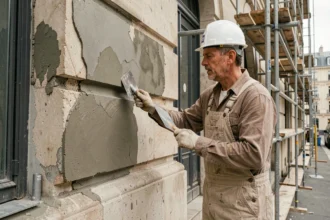 Ouvrier spécialisé appliquant un enduit de ravalement sur la façade d'un immeuble haussmannien en rénovation