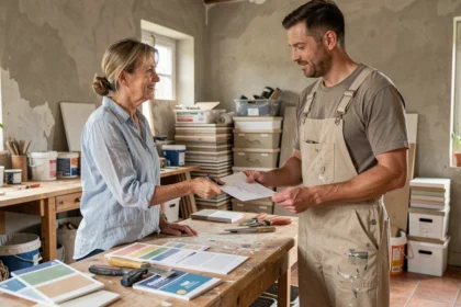 Une femme remet un document signé à un artisan dans une cuisine en cours de rénovation, illustrant le paiement d'un artisan par contrat
