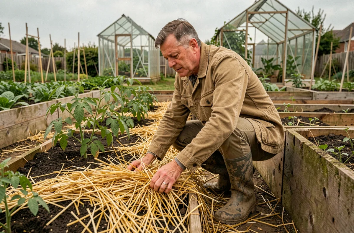 Homme appliquant du paillage de paille autour de plants de tomates dans un potager pour les protéger du froid