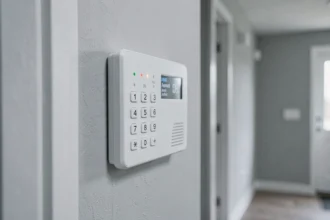 Panneau de contrôle d'alarme de maison moderne fixé au mur avec clavier numérique et indicateurs LED
