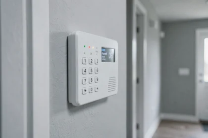 Panneau de contrôle d'alarme de maison moderne fixé au mur avec clavier numérique et indicateurs LED