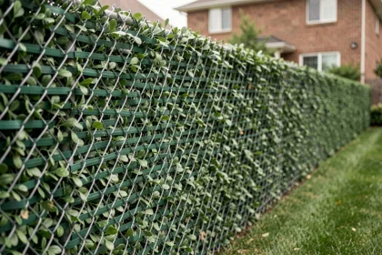Panneau occultant en feuillage artificiel installé sur une clôture en grillage dans un jardin résidentiel