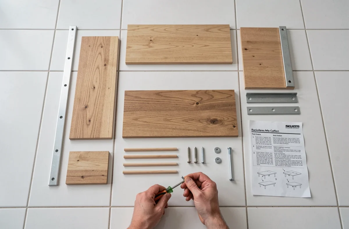 Vue de dessus des pièces d'une table basse en kit disposées sur un sol blanc, avec instructions et outils de montage