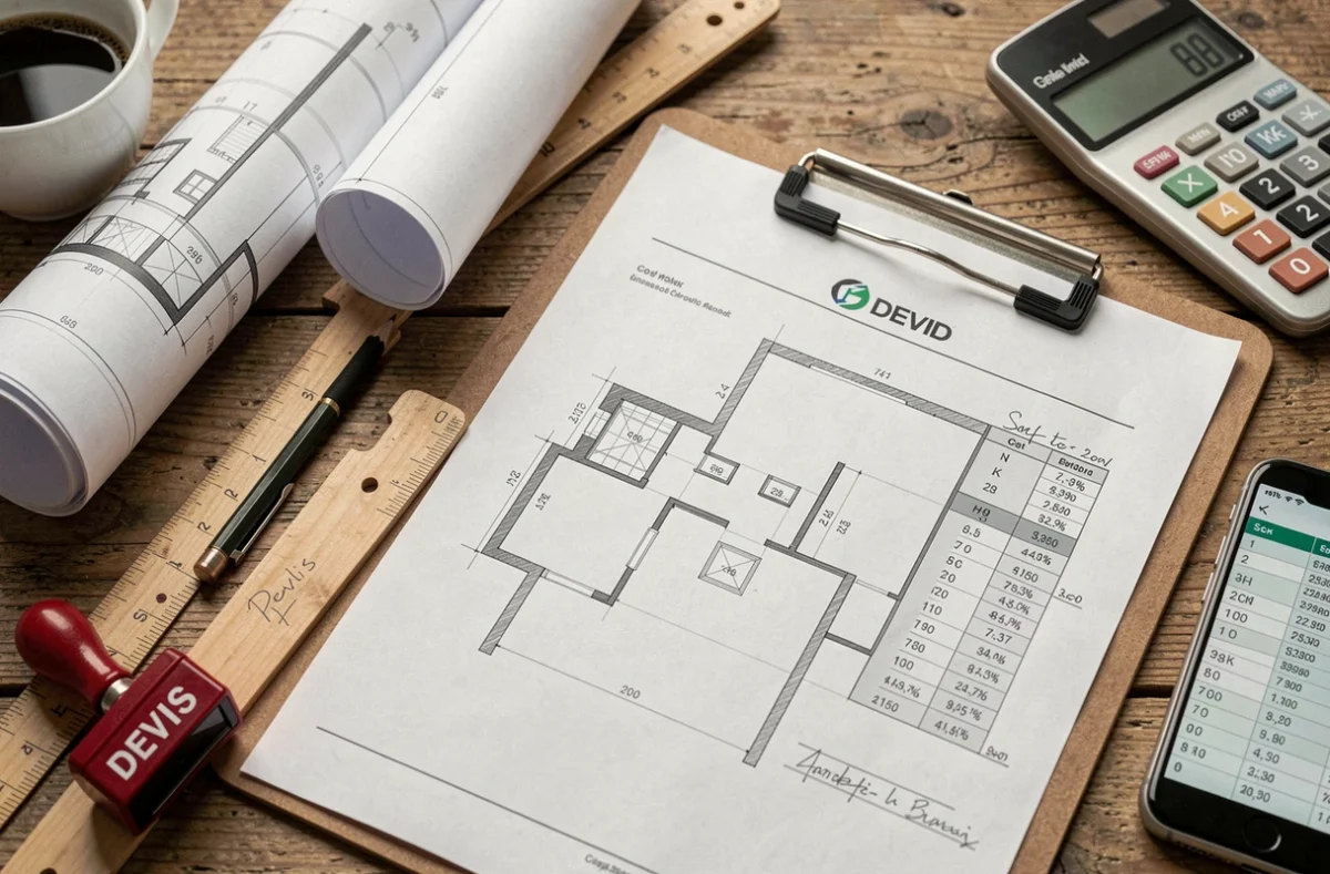 Gros plan sur des plans d'architecte et un devis pour une extension de maison posés sur un bureau en bois