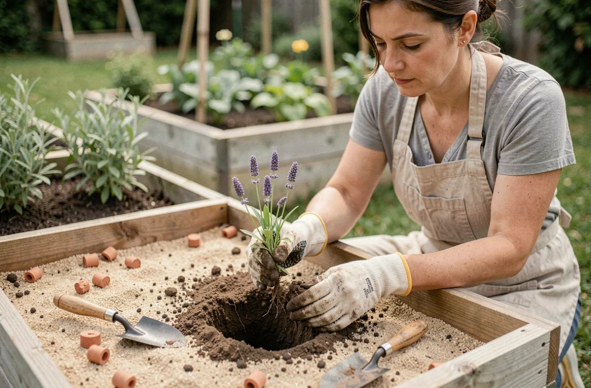 Femme jardinière plantant un jeune plant de lavande dans une jardinière surélevée au jardin