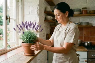 Femme arrangeant un pot de lavande sur un rebord de fenêtre en bois dans une cuisine rustique pour protéger la maison naturellement
