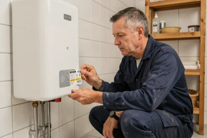 Plombier examinant l'étiquette énergie d'un chauffe-eau électrique de 200 litres monté au mur dans une salle de bain carrelée