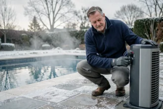Homme installant une pompe à chaleur pour chauffer une piscine en hiver avec de la vapeur sur l'eau