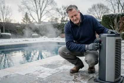 Homme installant une pompe à chaleur pour chauffer une piscine en hiver avec de la vapeur sur l'eau
