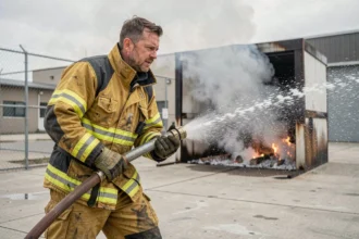 Pompier en tenue de protection dirigeant un jet d'eau sur un incendie lors d'un exercice d'entraînement en extérieur