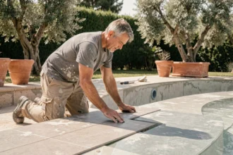 Poseur de carrelage antidérapant installant des dalles conformes aux normes autour d'une piscine extérieure