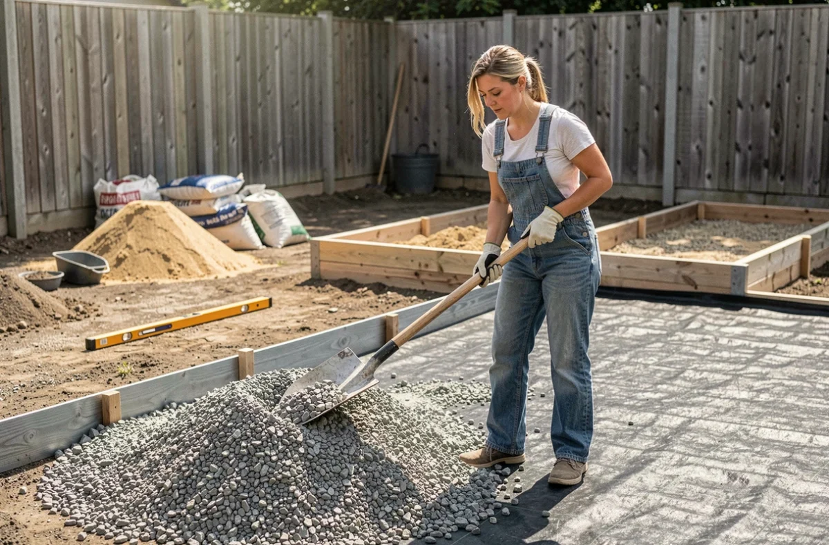 Femme qui étale du gravier concassé sur un géotextile dans un jardin en cours d'aménagement avec bordures métalliques