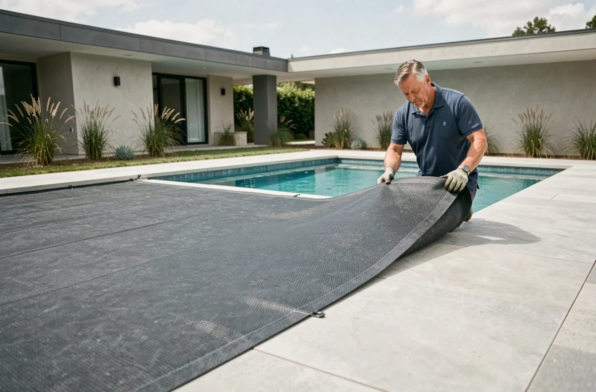 Homme déployant une toile de piscine gris anthracite sur une piscine rectangulaire dans un jardin moderne