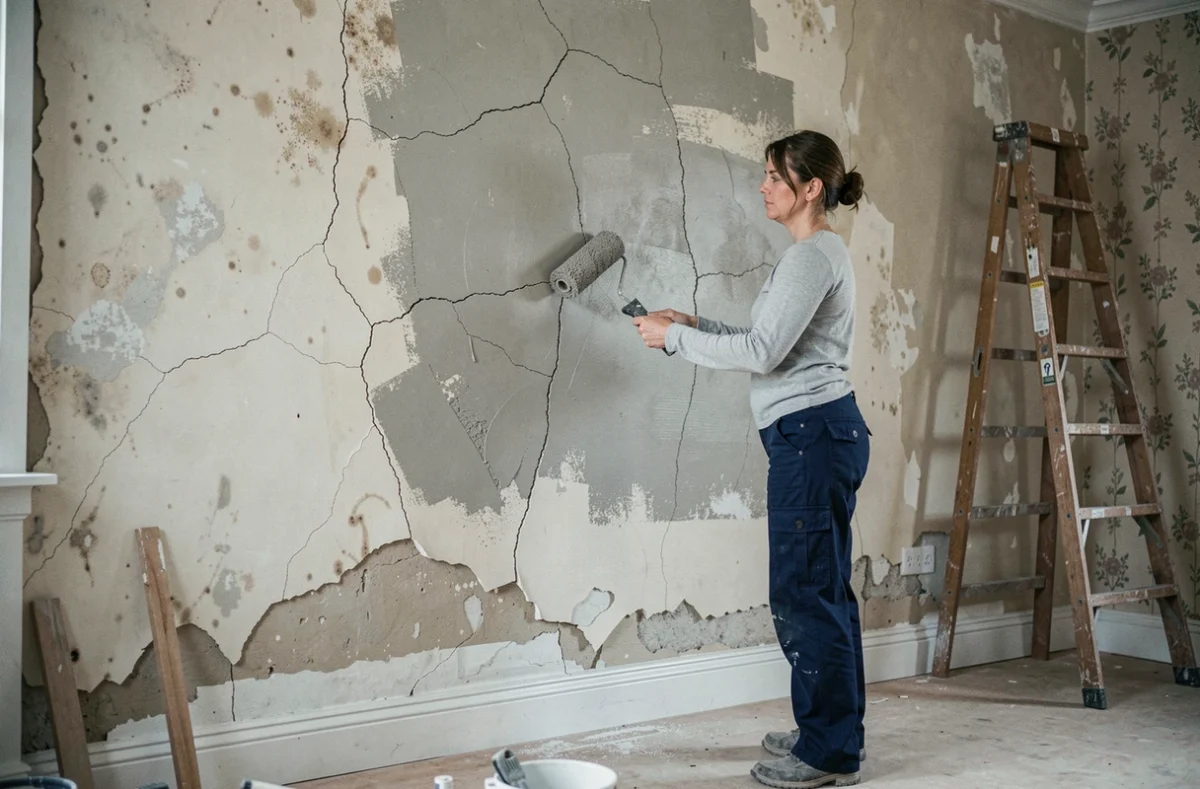 Femme appliquant une primaire d'accrochage sur un mur dégradé et fissuré avant rénovation