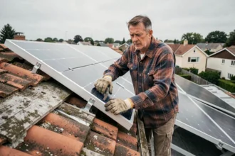 Propriétaire inspecte des panneaux solaires partiellement installés sur un toit résidentiel avec des tuiles abîmées