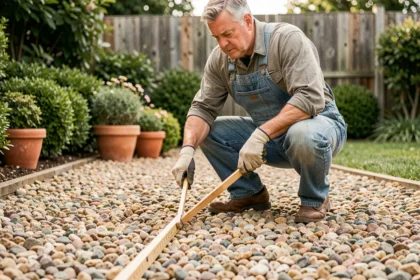 Jardinier mesurant la profondeur d'une couche de gravier de pois sur une allée de jardin avec une règle en bois