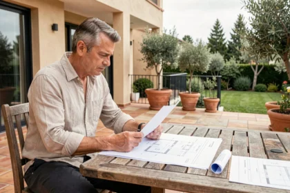 Propriétaire examinant les plans de sa terrasse pour évaluer la surface imposable aux impôts locaux