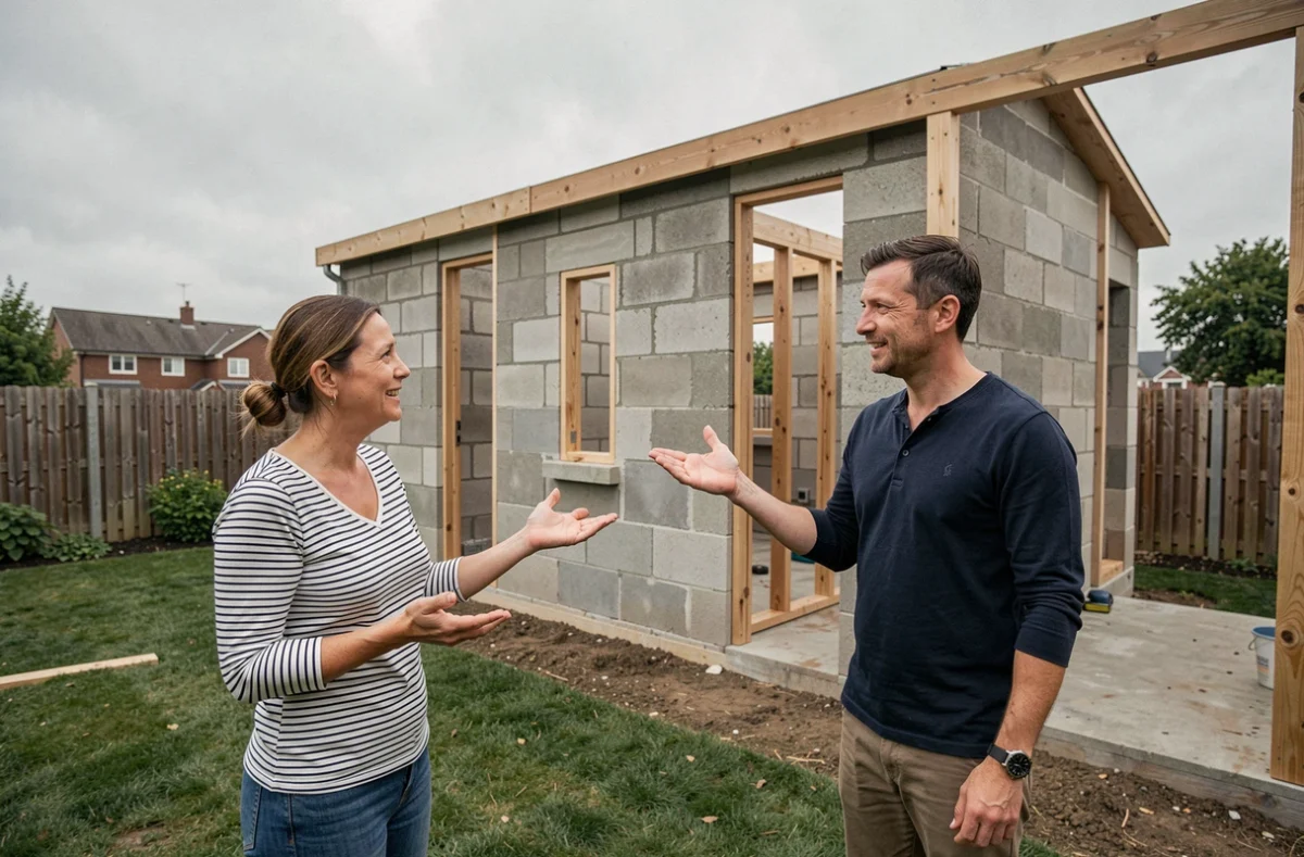 Couple de propriétaires discutant devant l'extension en construction de leur maison individuelle dans le jardin