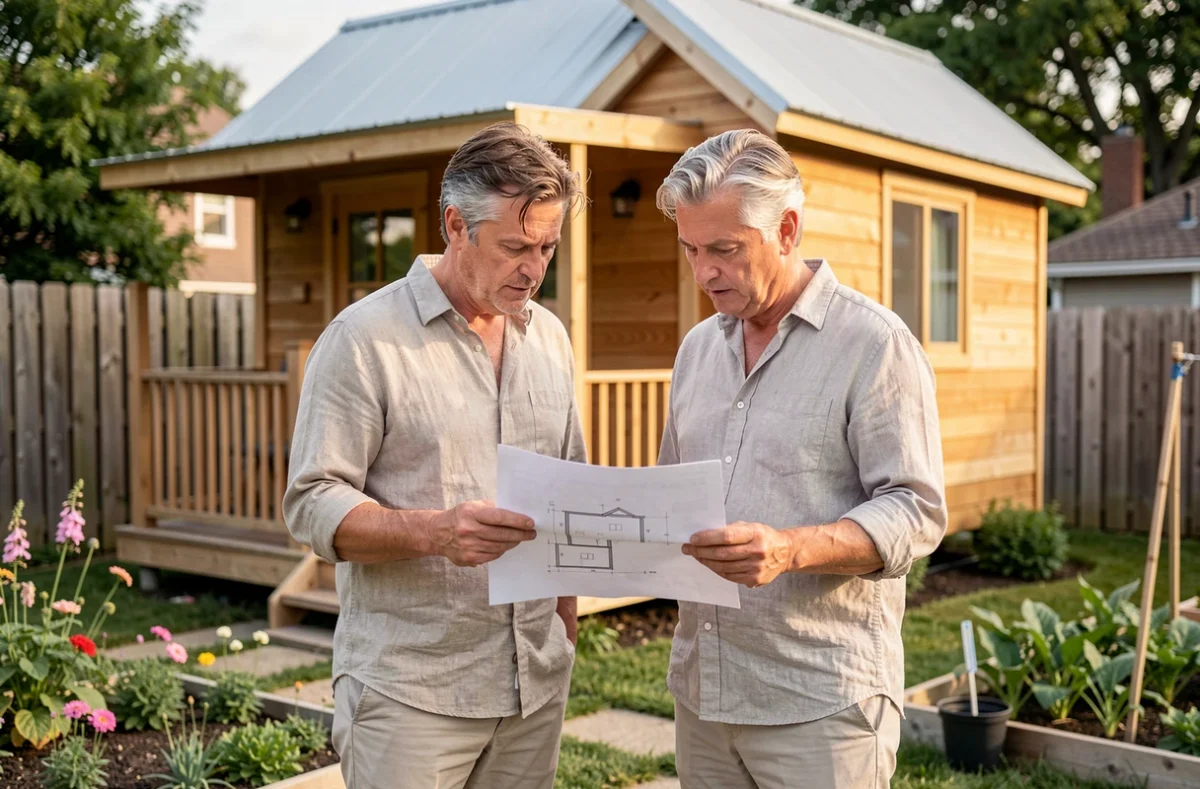 Couple de propriétaires examinant des plans d'architecte devant leur tiny house installée dans le jardin