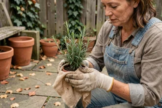Femme protégeant une plante aromatique en pot avec un voile d'hivernage sur une terrasse en pierre en automne