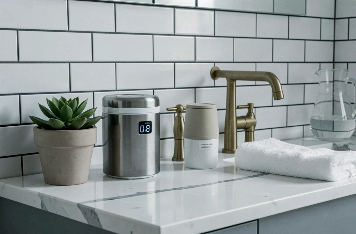 Purificateur d'eau UV et filtre céramique par gravité posés sur un meuble vasque en carrelage blanc dans une salle de bain
