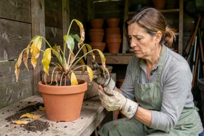 Femme jardinière observant une plante jaunissante en pot sans lui apporter d'engrais, dans un atelier de jardinage rustique