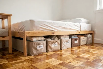Rangement sous le lit dans une petite chambre avec des boîtes de rangement en tissu organisées