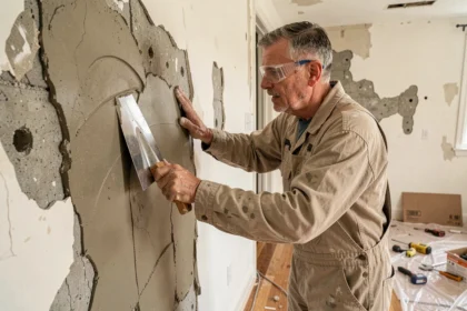 Artisan appliquant de l'enduit de rebouchage sur un mur intérieur très abîmé avec une spatule métallique