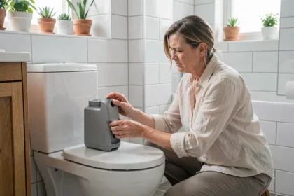 Femme installant un système de récupération des eaux grises sur les toilettes de sa salle de bain