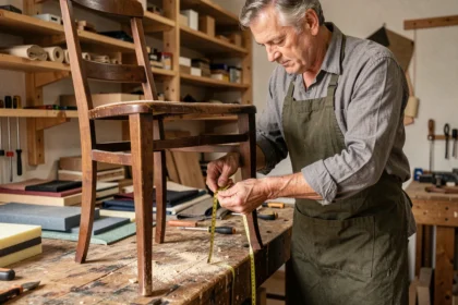 Artisan mesurant l'assise d'un fauteuil en bois dans un atelier de menuiserie