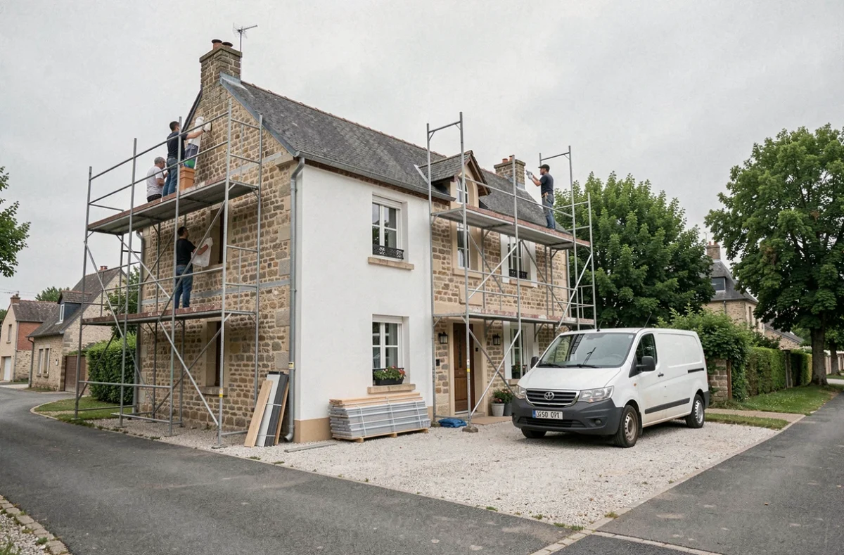 Vue extérieure d'une maison ancienne en pierre en cours de rénovation énergétique avec isolation par l'extérieur et échafaudage