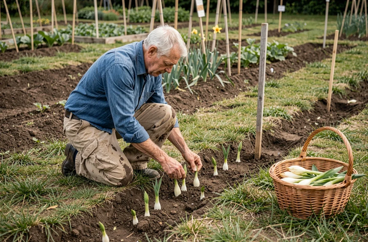 Homme âgé replantant des bulbes de lys dans une tranchée de jardin lors du déplacement saisonnier